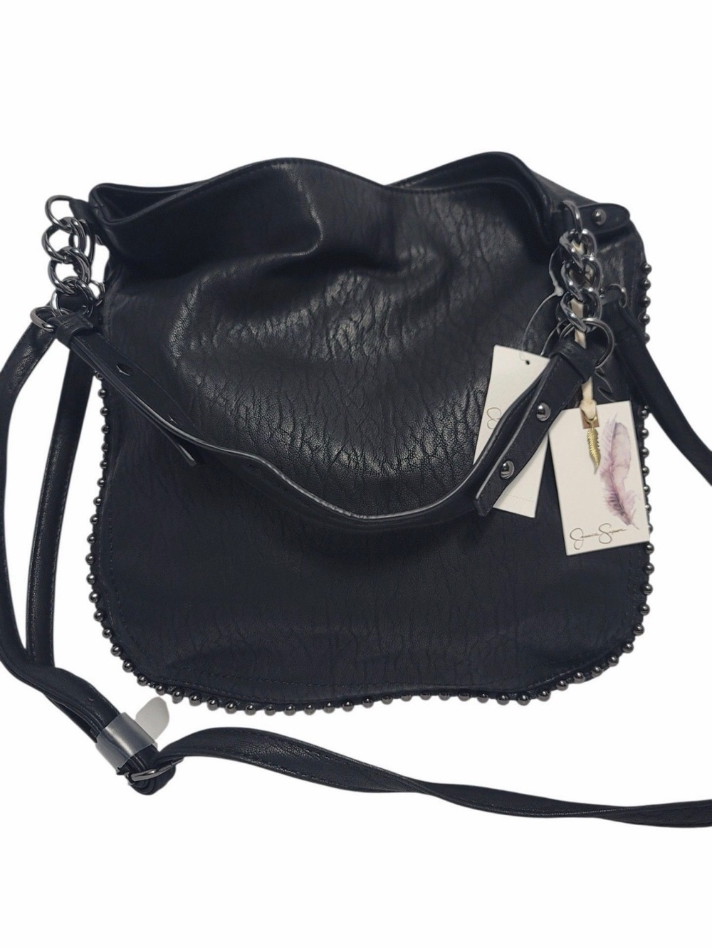 Jessica Simpson Black Beaded Trim Shoulder Bag with Chain Accents